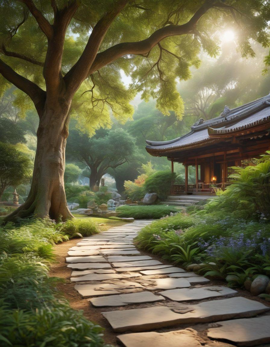 A serene landscape showcasing an ancient healing shrine surrounded by lush greenery, with a meditative figure practicing yoga in the foreground. Gentle sunlight filtering through the trees, casting dappled patterns on a stone pathway, while traditional wellness symbols like incense, herbal teas, and vibrant flowers are scattered around. The atmosphere is tranquil and inviting, embodying a sense of peace and tradition. super-realistic. vibrant colors. soft focus.
