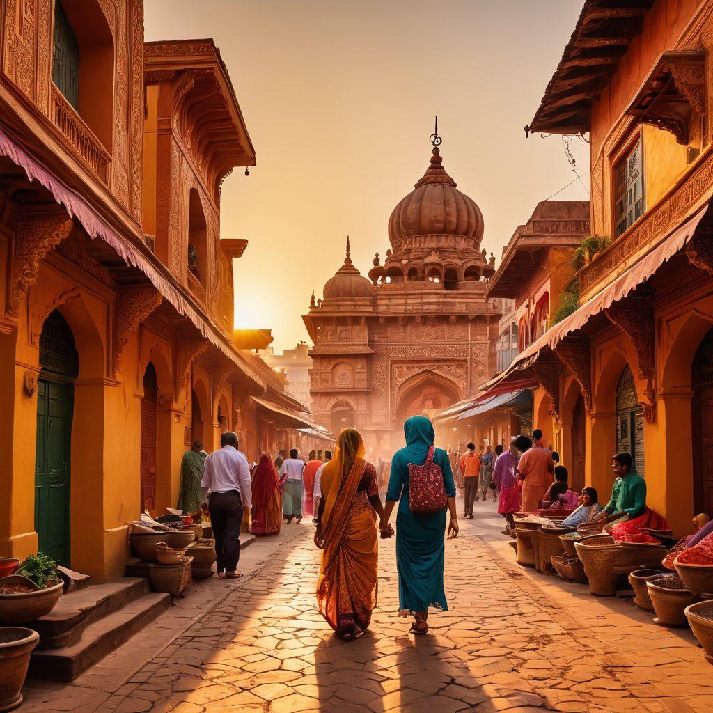 A vibrant street scene in India showcasing diverse cultural interactions: a bustling market with colorful stalls, people in traditional clothing engaging in lively conversations, intricate henna designs on hands, and aromatic spices on display. The background features historical architecture blending with modern elements. A sunset casts a warm glow over the scene. super-realistic. vibrant colors. 3D.
